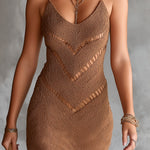 ElevenOra Chic Elegant Brown U-Neck Sleeveless Geometrical Jacquard Ruffle Hem Slim-Fit Knit Mini Dress