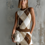 ElevenOra Chic Elegant Brown-Beige Argyle Jacquard Round Neck Sleeveless Slim-Fit VestTop Knit Mini Skirt Two-Piece Set