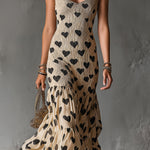 ElevenOra Chic Elegant Beige-Black Hearts Print Spaghetti Straps Square-Neck Sleeveless Shirring Detail Slim-Fit Maxi Dress