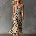 ElevenOra Chic Elegant Beige-Black Hearts Print Spaghetti Straps Square-Neck Sleeveless Shirring Detail Slim-Fit Maxi Dress