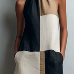 ElevenOra Chic Casual Black Camel-Off-White Colorblock Mock Halter Neck Sleeveless Loose-Fit Cotton-Linen Blend Mini Dress