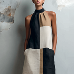 ElevenOra Chic Casual Black Camel-Off-White Colorblock Mock Halter Neck Sleeveless Loose-Fit Cotton-Linen Blend Mini Dress