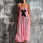 ElevenOra Chic Elegant Light Pink Spaghetti Straps Bow-Embellished V-Neck Sleeveless  Loose-Fit A-Line Mesh Knit Midi Dress