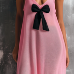 ElevenOra Chic Elegant Light Pink Spaghetti Straps Bow-Embellished V-Neck Sleeveless  Loose-Fit A-Line Mesh Knit Midi Dress