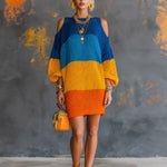 ElevenOra Chic Elegant Blue-Orange Colorblock Boat-Neck Lantern-Sleeve Cold-Shoulder Loose-Fit Knit Mini Dress