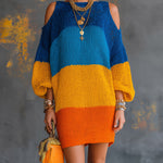 ElevenOra Chic Elegant Blue-Orange Colorblock Boat-Neck Lantern-Sleeve Cold-Shoulder Loose-Fit Knit Mini Dress