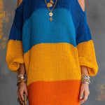ElevenOra Chic Elegant Blue-Orange Colorblock Boat-Neck Lantern-Sleeve Cold-Shoulder Loose-Fit Knit Mini Dress