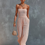 ElevenOra Chic Elegant Light Pink Spaghetti-Strap Square-Neck Sleeveless Tailored-Wiast Knit Wide-Leg Jumpsuit