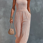 ElevenOra Chic Elegant Light Pink Spaghetti-Strap Square-Neck Sleeveless Tailored-Wiast Knit Wide-Leg Jumpsuit