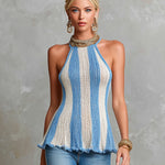 ElevenOra Chic Elegant Blue-White Stripes Halter-Neck Sleeveless A-Line Slim-Fit Knit Tank Top