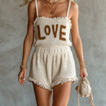 ElevenOra Chic Elegant Cream White Spaghetti-Strap Square-Neck Sleeveless Letter Jacquard Fringe Detail Loose-Fit Knit Romper