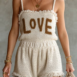 ElevenOra Chic Elegant Cream White Spaghetti-Strap Square-Neck Sleeveless Letter Jacquard Fringe Detail Loose-Fit Knit Romper