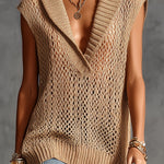 ElevenOra Chic Elegant Camel Lapel V-Neck Sleeveless Loose-Fit Mesh Knit Vest Top