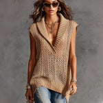 ElevenOra Chic Elegant Camel Lapel V-Neck Sleeveless Loose-Fit Mesh Knit Vest Top