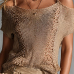 ElevenOra Chic Elegant Camel Lapel Spaghetti Straps Cold-Shoulder Short-Sleeve Hollow-Out Mesh Knit Sweater Top