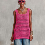 ElevenOra Chic Elegant Hot Pink Square-Neck Sleeveless Loose-Fit Hollow-Out Mesh Knit Vest Top