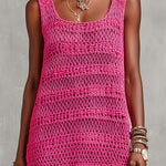ElevenOra Chic Elegant Hot Pink Square-Neck Sleeveless Loose-Fit Hollow-Out Mesh Knit Vest Top