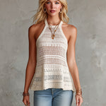 ElevenOra Chic Elegant Cream White Halter-Neck Sleeveless Loose-Fit A-Line Hollow-Out Mesh Knit Tank Top