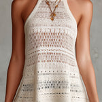 ElevenOra Chic Elegant Cream White Halter-Neck Sleeveless Loose-Fit A-Line Hollow-Out Mesh Knit Tank Top