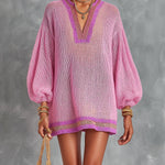ElevenOra Chic Elegant Pink V-Neck Lantern-Sleeve A-Line Loose-Fit Contrast Trim Detail Mesh Knit Mini Dress