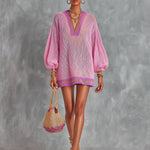 ElevenOra Chic Elegant Pink V-Neck Lantern-Sleeve A-Line Loose-Fit Contrast Trim Detail Mesh Knit Mini Dress