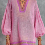 ElevenOra Chic Elegant Pink V-Neck Lantern-Sleeve A-Line Loose-Fit Contrast Trim Detail Mesh Knit Mini Dress