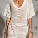 ElevenOra Chic Elegant Cream White V-Neck Short-Flare-Sleeve A-Line Slim-Fit Hollow-Out Mesh Knit Mini Dress
