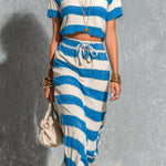ElevenOra Chic Elegant Blue-White Stripes Cotton Blend Round-Neck Short-Sleeve Cropped Top Drawstring-Waist Maxi Skirt Two-Piece Set