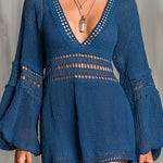ElevenOra Chic Elegant Navy Blue Deep V-Neck Long-Lantern-Sleeve Hollow-Out Detail Loose-Fit A-Line Mesh Knit Mini Dress