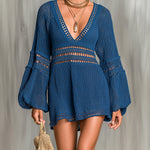 ElevenOra Chic Elegant Navy Blue Deep V-Neck Long-Lantern-Sleeve Hollow-Out Detail Loose-Fit A-Line Mesh Knit Mini Dress