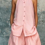 ElevenOra Chic Elegant Pink Stand Collar Single-Breasted Loose-Fit Sleeveless Shirt Top Cotton-Linen Blend Wide-Leg Pants Two-Piece Set