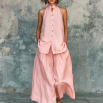 ElevenOra Chic Elegant Pink Stand Collar Single-Breasted Loose-Fit Sleeveless Shirt Top Cotton-Linen Blend Wide-Leg Pants Two-Piece Set
