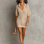 ElevenOra Chic Elegant Light Camel Lapel V-Neck Short-Lantern-Sleeve Loose-Fit Mesh Knit Mini Dress