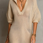 ElevenOra Chic Elegant Light Camel Lapel V-Neck Short-Lantern-Sleeve Loose-Fit Mesh Knit Mini Dress