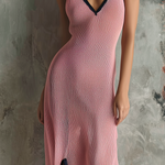 ElevenOra Chic Elegant Dusty Pink V-Neck Contrast Trim Sleeveless Slim-Fit Side Slit Knit Mini Dress