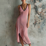 ElevenOra Chic Elegant Dusty Pink V-Neck Contrast Trim Sleeveless Slim-Fit Side Slit Knit Mini Dress