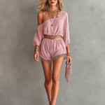 ElevenOra Chic Elegant Pink Textured Cotton Blend One-Shoulder Half-Sleeve Belted Loose-Fit Fringe Detail Ropmer