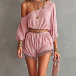ElevenOra Chic Elegant Pink Textured Cotton Blend One-Shoulder Half-Sleeve Belted Loose-Fit Fringe Detail Ropmer