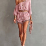 ElevenOra Chic Elegant Pink Textured Cotton Blend One-Shoulder Half-Sleeve Belted Loose-Fit Fringe Detail Ropmer