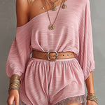 ElevenOra Chic Elegant Pink Textured Cotton Blend One-Shoulder Half-Sleeve Belted Loose-Fit Fringe Detail Ropmer