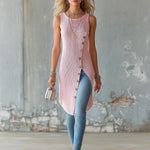 ElevenOra Chic Elegant Pink Round-Neck Sleeveless Slant Single-Breasted Slit Hem Knit Long Vest Top