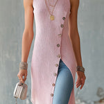 ElevenOra Chic Elegant Pink Round-Neck Sleeveless Slant Single-Breasted Slit Hem Knit Long Vest Top
