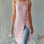 ElevenOra Chic Elegant Pink Round-Neck Sleeveless Slant Single-Breasted Slit Hem Knit Long Vest Top