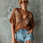 ElevenOra Chic Elegant Caramel V-Neck Floral Embroidery Short-Sleeve Loose-Fit Knit Sweater Top