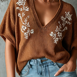 ElevenOra Chic Elegant Caramel V-Neck Floral Embroidery Short-Sleeve Loose-Fit Knit Sweater Top