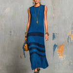 ElevenOra Chic Elegant Royal Blue-Navy Colorblock Round-Neck Sleeveless Loose-Fit Breathable Knit Maxi Dress
