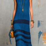 ElevenOra Chic Elegant Royal Blue-Navy Colorblock Round-Neck Sleeveless Loose-Fit Breathable Knit Maxi Dress