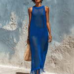 ElevenOra Chic Elegant Klein Blue Round-Neck Sleeveless Fringed Hem Loose-Fit Mesh Holiday Knit Maxi Dress