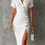 ElevenOra Chic Elegant White Notched Collar Short-Sleeve Single-Breasted Slim-Fit Ribbed Knit Midi Dress