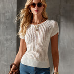 ElevenOra Chic Elegant White Round-Neck Short-Sleeve Slim-Fit Mesh Ribbed Knit Sweater Top